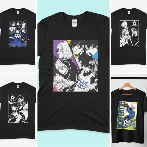Blue Lock t-shirt in black with anime character graphic print, unisex classic fit