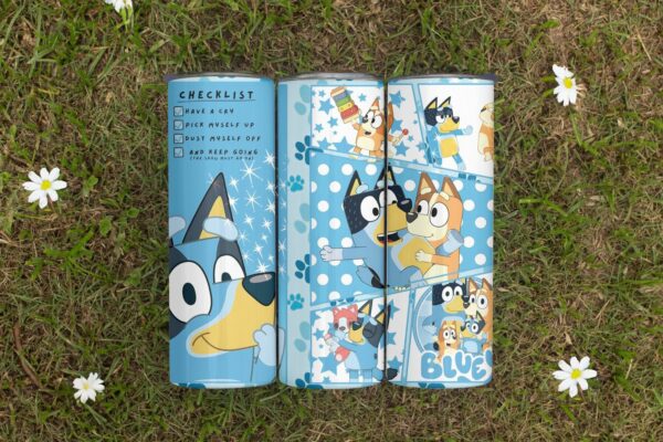 Bluey 20oz skinny stainless steel tumbler with straw and lid featuring Bluey characters