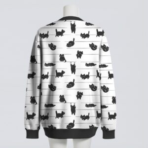 Cute black cat print unisex knit cardigan sweater front view, white with black silhouette cats, relaxed fit S-7XL