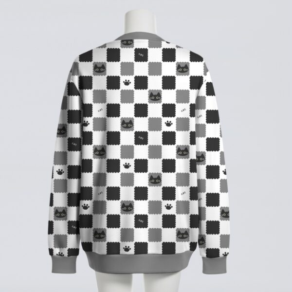 Cute checkers cats pattern unisex knit cardigan front view, playful checkerboard cats design, relaxed fit S-7XL