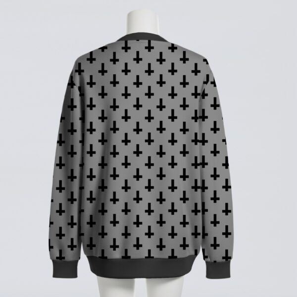 Upside down crosses pattern unisex knit cardigan front view, bold inverted cross design, relaxed fit S-7XL