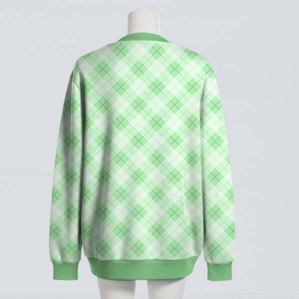Pastel green argyle pattern unisex knit cardigan front view, classic preppy design, relaxed fit S-7XL