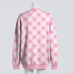 Pastel pink argyle pattern unisex knit cardigan front view, classic preppy design, relaxed fit S-7XL