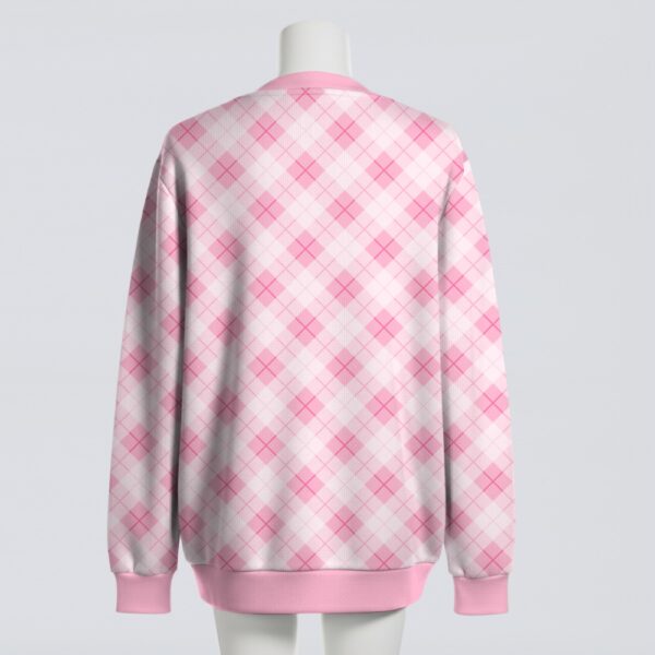 Pastel pink argyle pattern unisex knit cardigan front view, classic preppy design, relaxed fit S-7XL