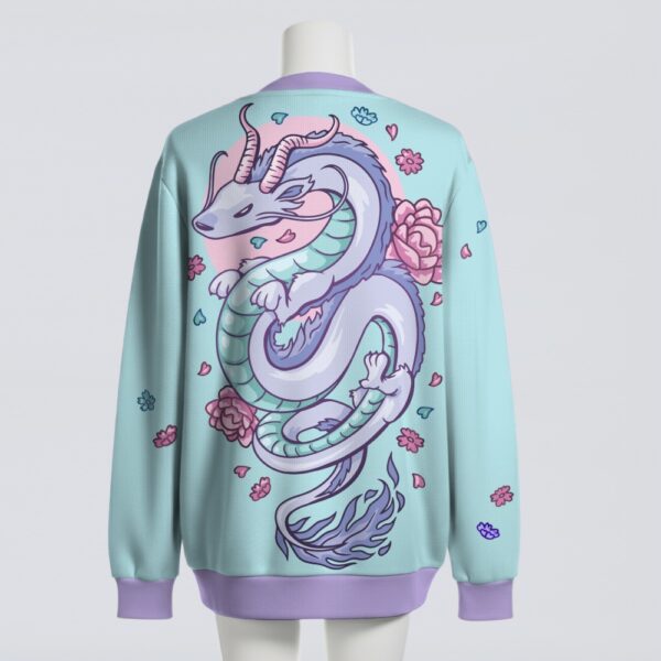 cardigan-back-purpledragon Pastel flowers and dragon unisex cardigan in blue and purple, relaxed fit, S to 7XL