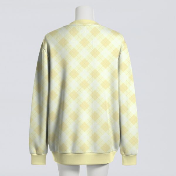 Pastel yellow argyle diamond pattern unisex knit cardigan front view, classic preppy design, relaxed fit S-7XL