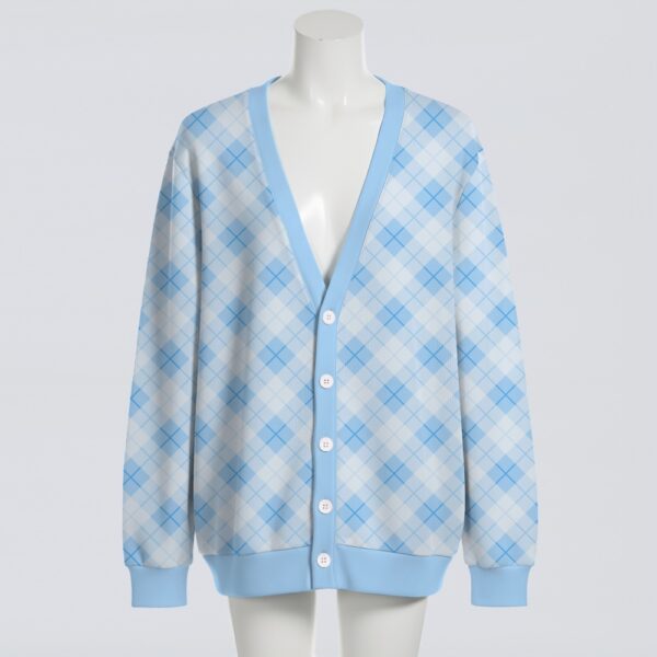 cardigan-front-blueging Pastel blue argyle diamond pattern unisex knit cardigan front view, classic preppy design, relaxed fit S-7XL