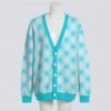 cardigan-front-brightblueging Teal argyle diamond pattern unisex knit cardigan front view, classic preppy design, relaxed fit S-7XL