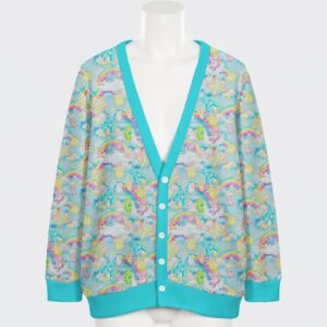cardigan-front-carebears (1) Care Bears blue pattern unisex knit cardigan front view, colorful bears relaxed fit S-7XL