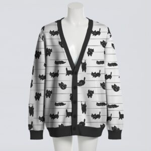 Cute black cat print unisex knit cardigan sweater front view, white with black silhouette cats, relaxed fit S-7XL