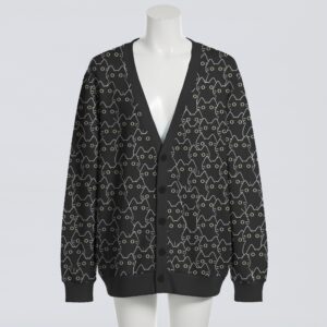 cardigan-front-cats Cute black cats stares pattern unisex knit cardigan front view, playful cat faces, relaxed fit S-7XL