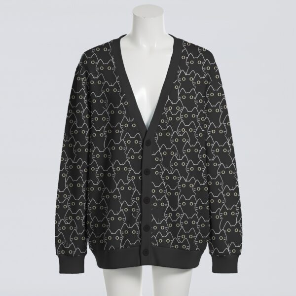 Cute black cats stares pattern unisex knit cardigan front view, playful cat faces, relaxed fit S-7XL