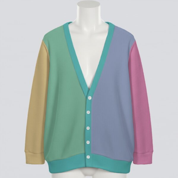 Colour block knit unisex cardigan front view, relaxed fit, S to 7XL