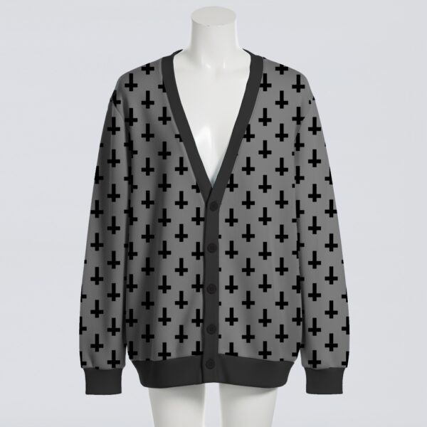 Upside down crosses pattern unisex knit cardigan front view, bold inverted cross design, relaxed fit S-7XL