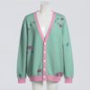 cardigan-front-greendragon Pastel flowers and dragon unisex cardigan in green and pink, relaxed fit, S to 7XL