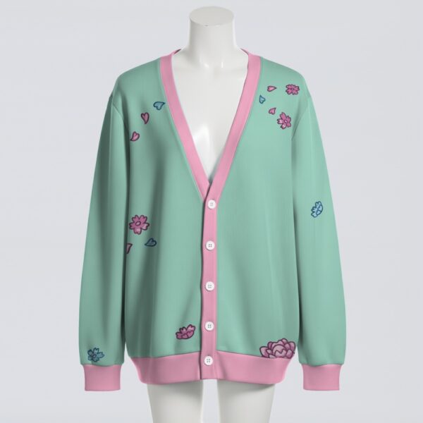 cardigan-front-greendragon Pastel flowers and dragon unisex cardigan in green and pink, relaxed fit, S to 7XL