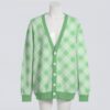 Pastel green argyle pattern unisex knit cardigan front view, classic preppy design, relaxed fit S-7XL