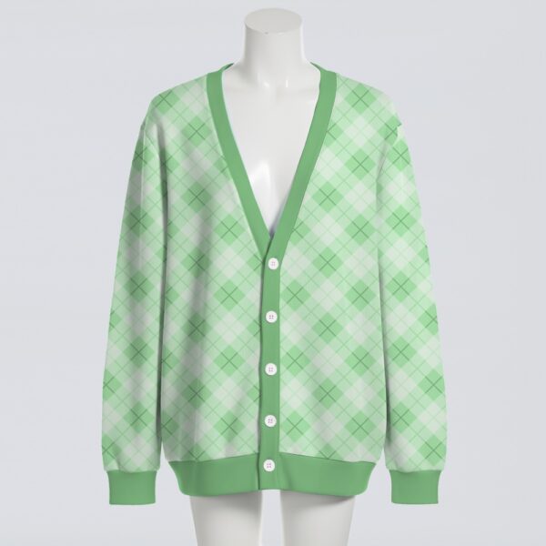 Pastel green argyle pattern unisex knit cardigan front view, classic preppy design, relaxed fit S-7XL
