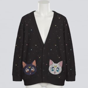 Luna & Artemis Sailor Moon cats unisex knit cardigan front view, black & white cat print, relaxed fit S-7XL