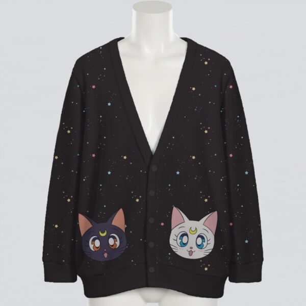 Luna & Artemis Sailor Moon cats unisex knit cardigan front view, black & white cat print, relaxed fit S-7XL