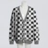 Cute checkers cats pattern unisex knit cardigan front view, playful checkerboard cats design, relaxed fit S-7XL