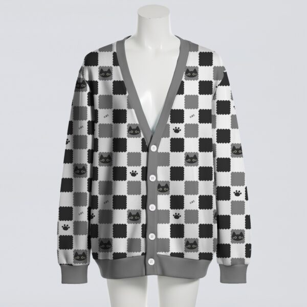 Cute checkers cats pattern unisex knit cardigan front view, playful checkerboard cats design, relaxed fit S-7XL