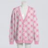 Pastel pink argyle pattern unisex knit cardigan front view, classic preppy design, relaxed fit S-7XL