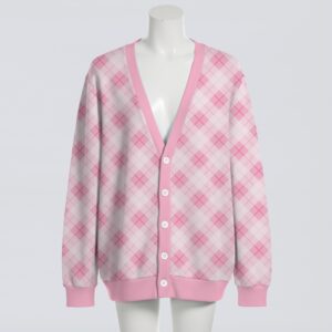 cardigan-front-pinkging Pastel pink argyle pattern unisex knit cardigan front view, classic preppy design, relaxed fit S-7XL