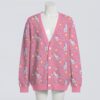 cardigan-front-poniesdpink Pink retro pony doll pattern unisex knit cardigan front view, nostalgic 80s/90s design, relaxed fit S-7XL
