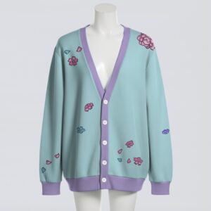 Pastel flowers and dragon unisex cardigan in blue and purple, relaxed fit, S to 7XL