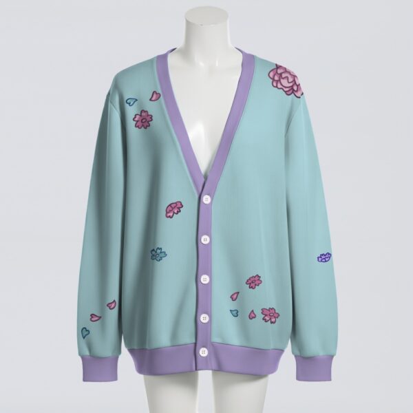 cardigan-front-purpledragon Pastel flowers and dragon unisex cardigan in blue and purple, relaxed fit, S to 7XL
