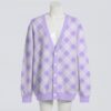 Rich pastel purple argyle diamond knit cardigan. Unisex relaxed fit S-7XL—preppy layering perfection!