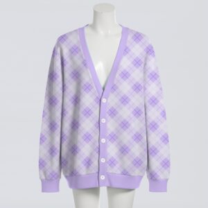 Rich pastel purple argyle diamond knit cardigan. Unisex relaxed fit S-7XL—preppy layering perfection!