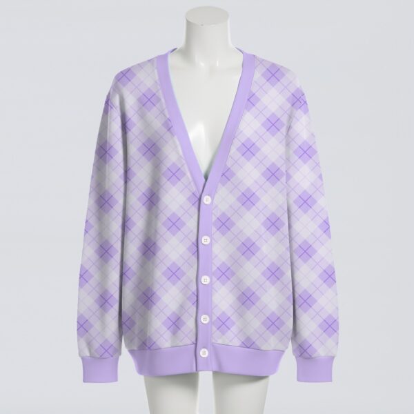 Rich pastel purple argyle diamond knit cardigan. Unisex relaxed fit S-7XL—preppy layering perfection!