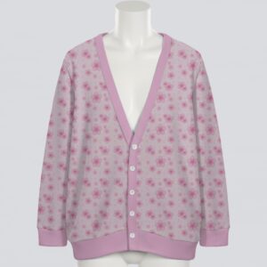 cardigan-front-sakura Pink sakura cherry blossoms unisex knit cardigan front view, delicate petal pattern, relaxed fit S-7XL
