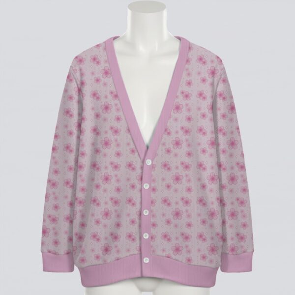 Pink sakura cherry blossoms unisex knit cardigan front view, delicate petal pattern, relaxed fit S-7XL