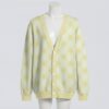 Pastel yellow argyle diamond pattern unisex knit cardigan front view, classic preppy design, relaxed fit S-7XL
