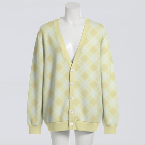 Pastel yellow argyle diamond pattern unisex knit cardigan front view, classic preppy design, relaxed fit S-7XL