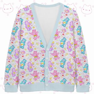 carebears-blue-cardigan-fr Pastel Care Bears knit cardigan front view with blue trim
