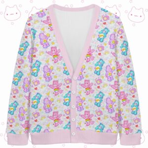 carebears-pink-cardigan-fr Pastel Care Bears knit cardigan front view with pink trim