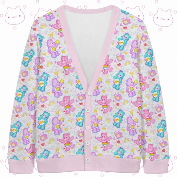 Pastel Care Bears knit cardigan front view with pink trim