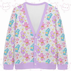 carebears-purple-cardigan-fr Pastel Care Bears knit cardigan front view with lavender trim
