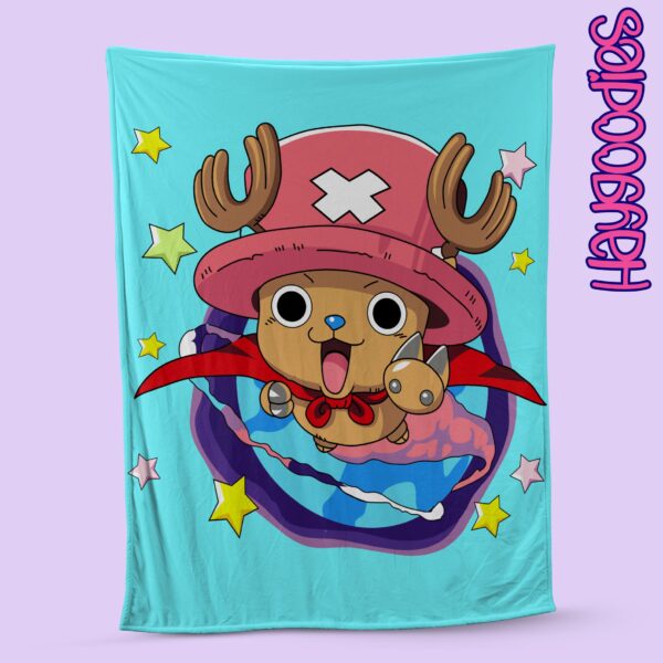 One Piece fleece blanket with vibrant print, soft pile texture, and white back, various sizes and designs