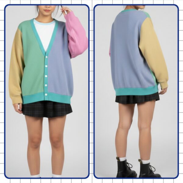Colour block knit unisex cardigan front view, relaxed fit, S to 7XL