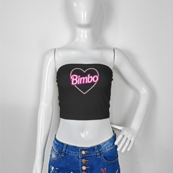 croptubetop-fr-bimbo-blk Bimbo heart slogan strapless tube top bandeau crop, hot pink or black, slim fit XS-5XL