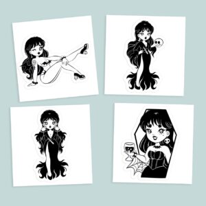 Elvira Mistress of the Dark anime vinyl sticker sheet with four black and white gothic vampire illustrations