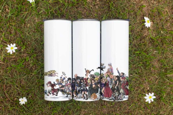 Fairy Tail 20oz skinny stainless steel tumbler with straw featuring Fairy Tail anime character designs