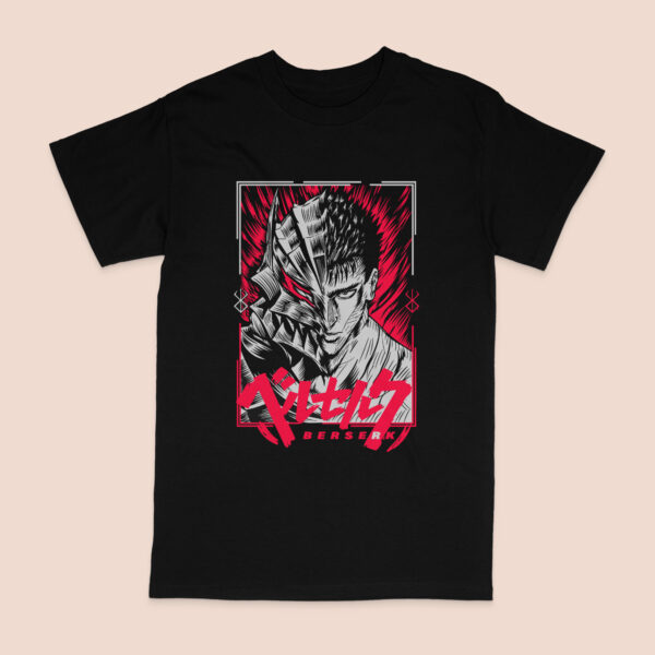 Berserk t-shirt in black with dark fantasy anime character graphic print, unisex classic fit