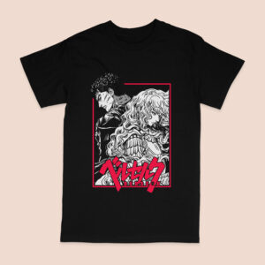 Berserk t-shirt in black with dark fantasy anime character graphic print, unisex classic fit