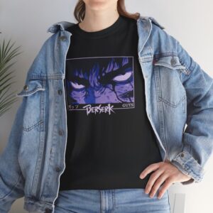 Berserk t-shirt in black with dark fantasy anime character graphic print, unisex classic fit